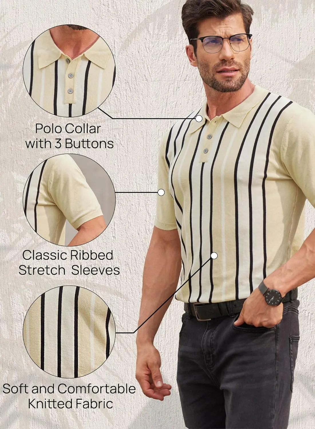 Mainfini Men's Vintage Knit Polo Shirt Casual Button Shirt (S-XXL)