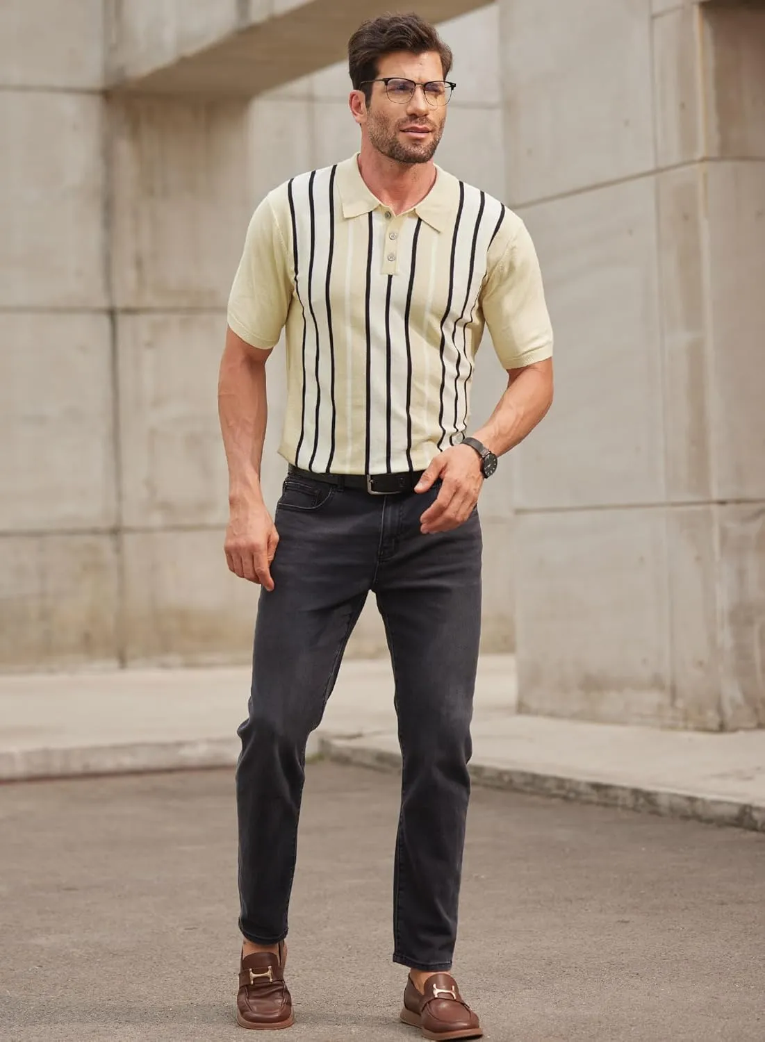 Mainfini Men's Vintage Knit Polo Shirt Casual Button Shirt (S-XXL)