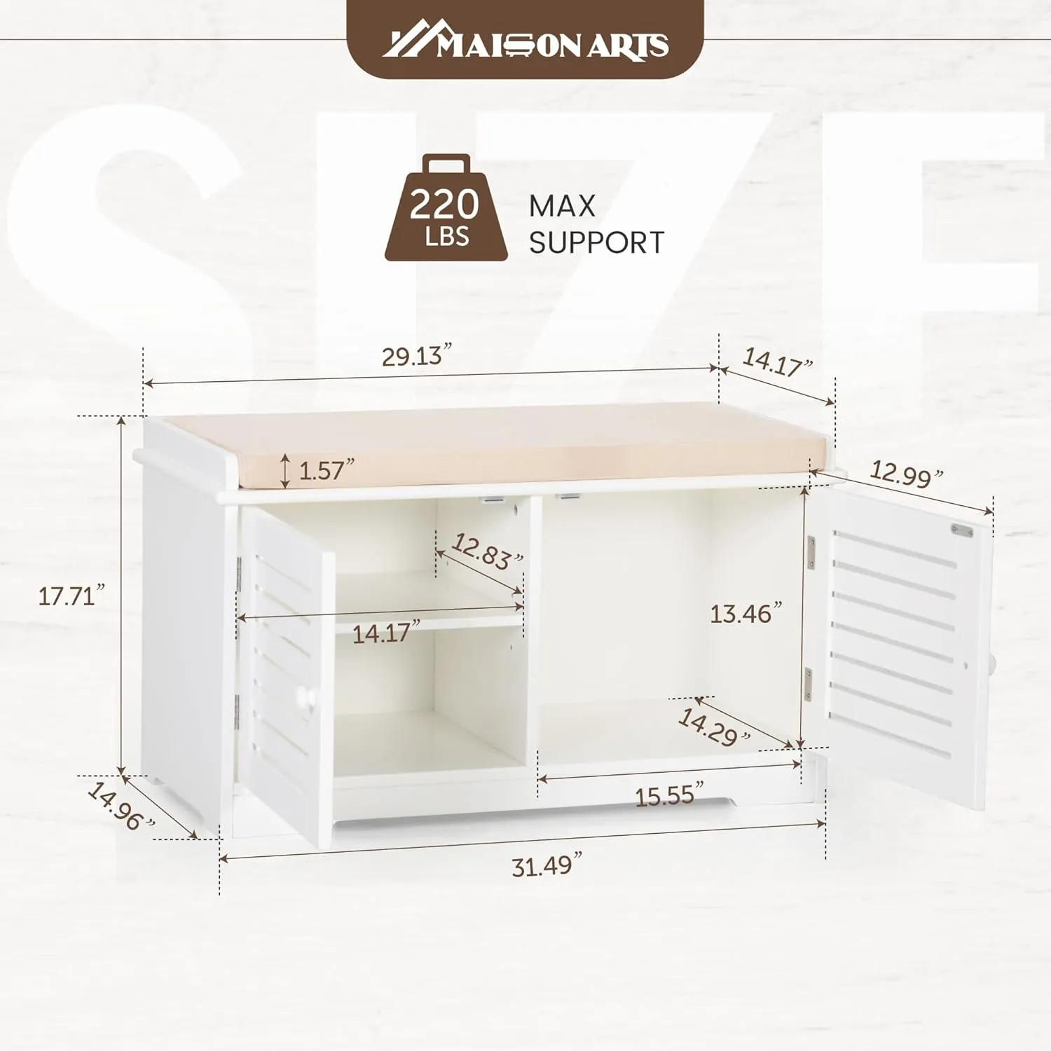 MAISON ARTS Shoe Storage Bench with Removable Padded Seat Cushion, Premium MDF Benches with Adjustable Shelves for Entryway, Hallway, Bedroom - White