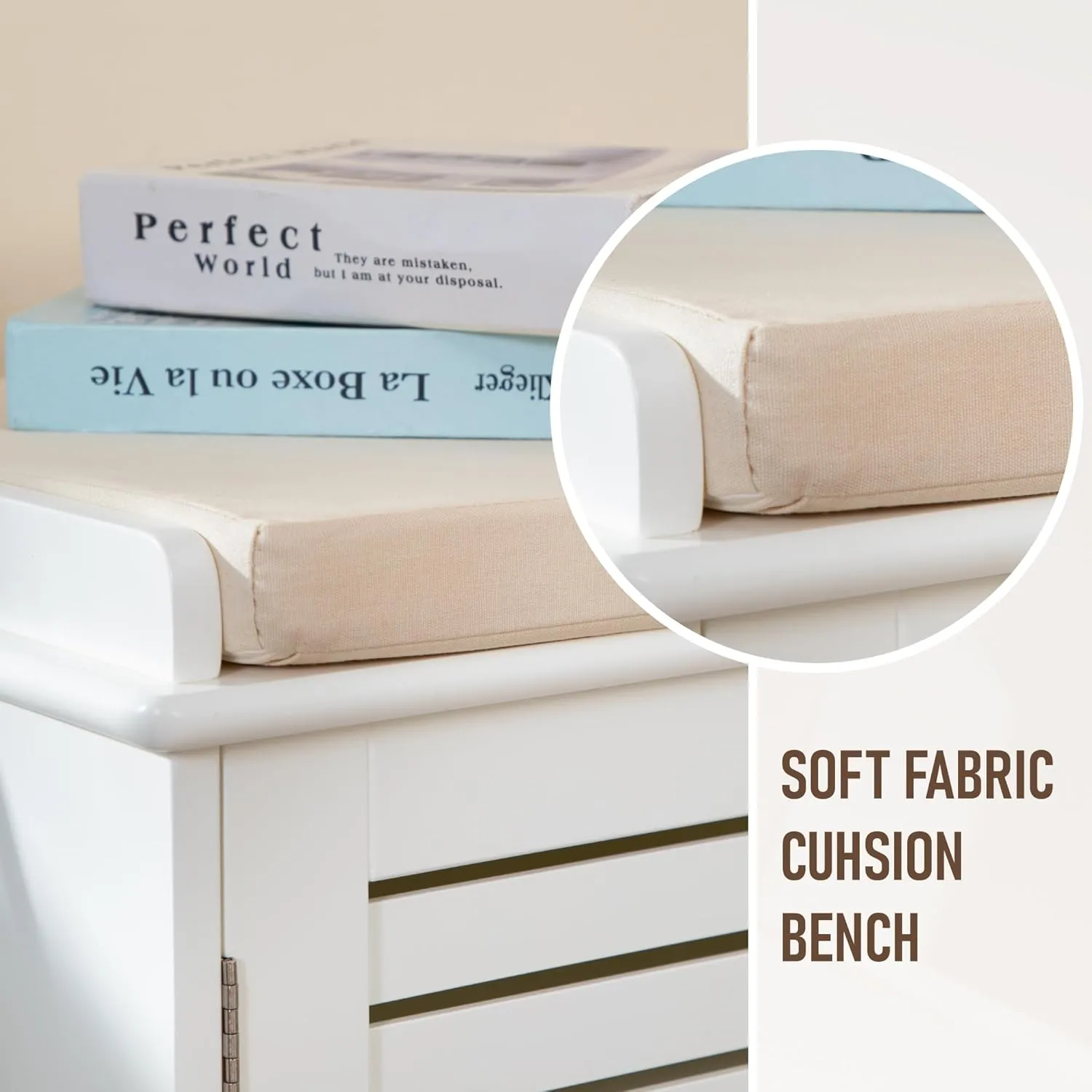MAISON ARTS Shoe Storage Bench with Removable Padded Seat Cushion, Premium MDF Benches with Adjustable Shelves for Entryway, Hallway, Bedroom - White