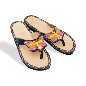 Mariposa Sandal (Black) - Otomi Huarache - Women 100% Artisan Hand Made | Hand Painted Mexican Leather Hipster Colorful Sandal | Flats | Huarache Artesanal - Hecho a Mano Handcrafted in Mexico (US 7)