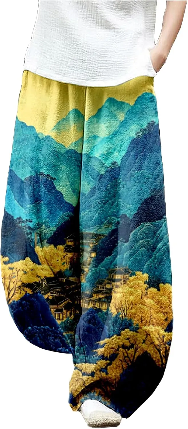 MARSVOVO Baggy Sweatpants for Women Harem Wide Leg Pants Woman Landscape Oil Painting Print Casual Pants with Pockets