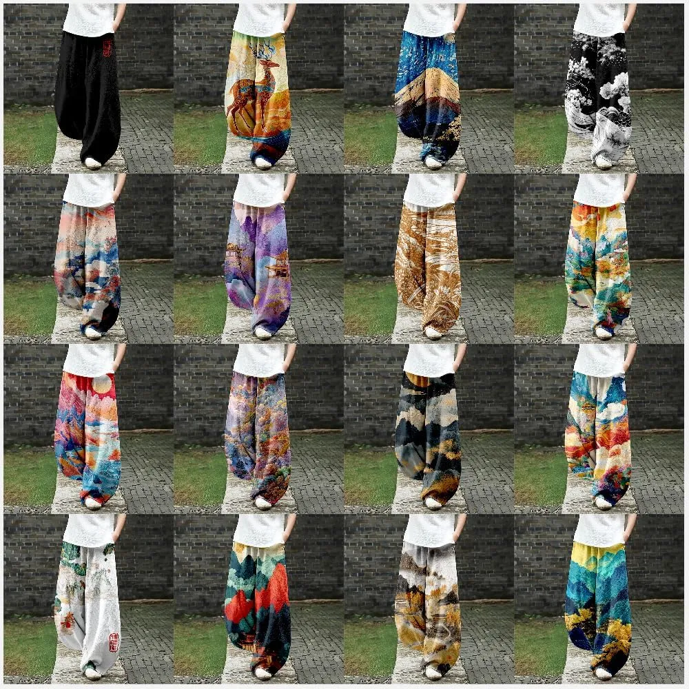 MARSVOVO Baggy Sweatpants for Women Harem Wide Leg Pants Woman Landscape Oil Painting Print Casual Pants with Pockets