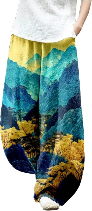 MARSVOVO Baggy Sweatpants for Women Harem Wide Leg Pants Woman Landscape Oil Painting Print Casual Pants with Pockets