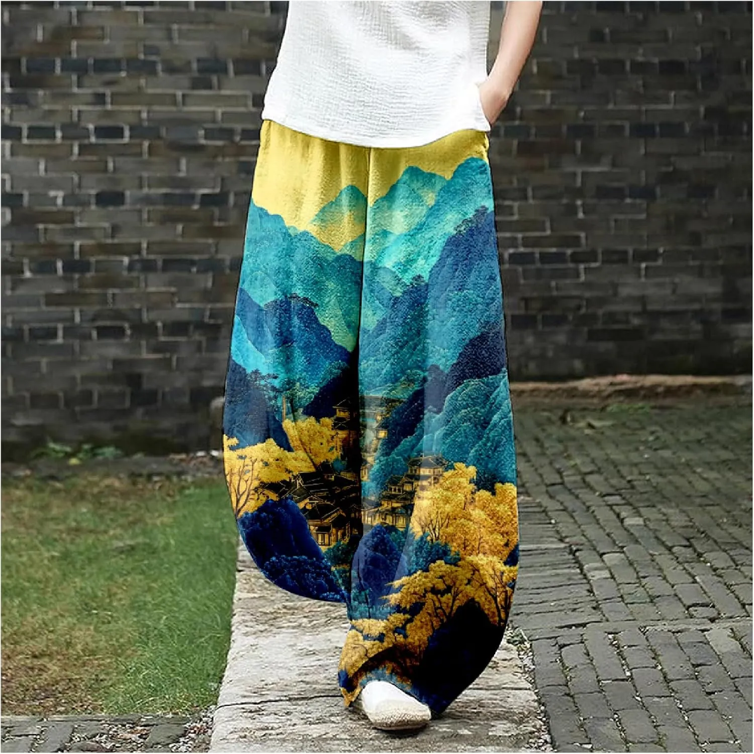 MARSVOVO Baggy Sweatpants for Women Harem Wide Leg Pants Woman Landscape Oil Painting Print Casual Pants with Pockets