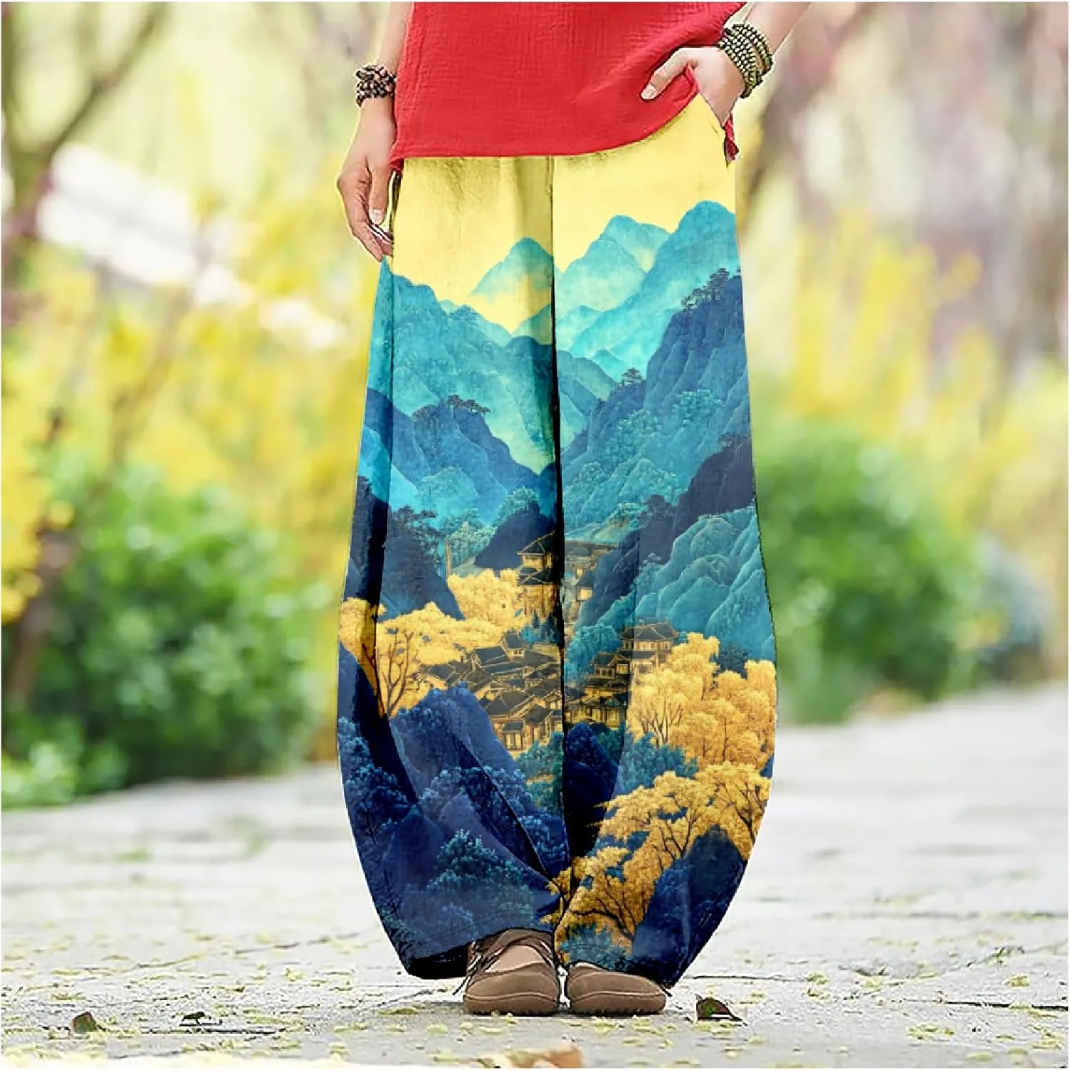 MARSVOVO Baggy Sweatpants for Women Harem Wide Leg Pants Woman Landscape Oil Painting Print Casual Pants with Pockets
