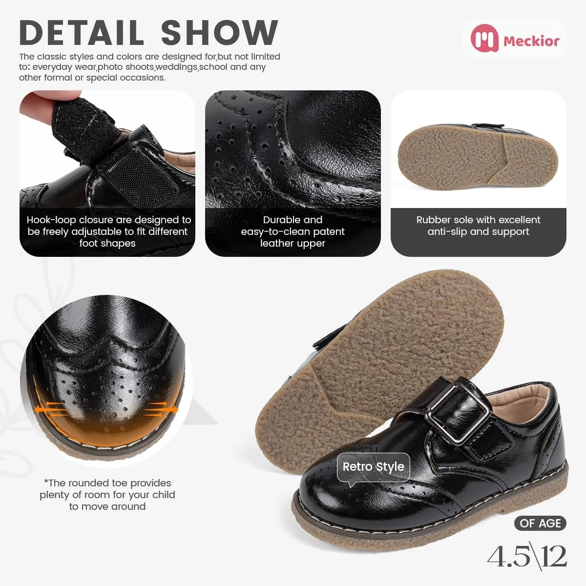 Meckior Toddler Boys Girls Black Dress Shoes Little Kid Oxford Shoes Wedding Church Dress Shoes PU Leather Lace Up School Uniform Loafer Flats