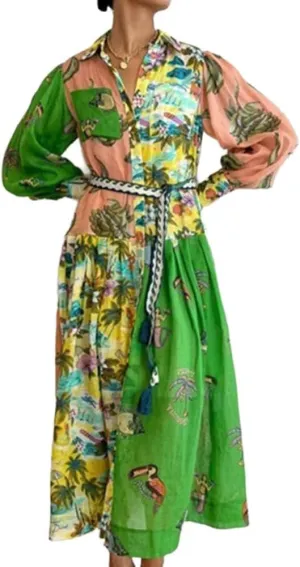 Melliflo Women's Polo Neck Y2K Graffiti Dress Retro French Court Style Pleated Long Sleeve Morana Maxi Dress