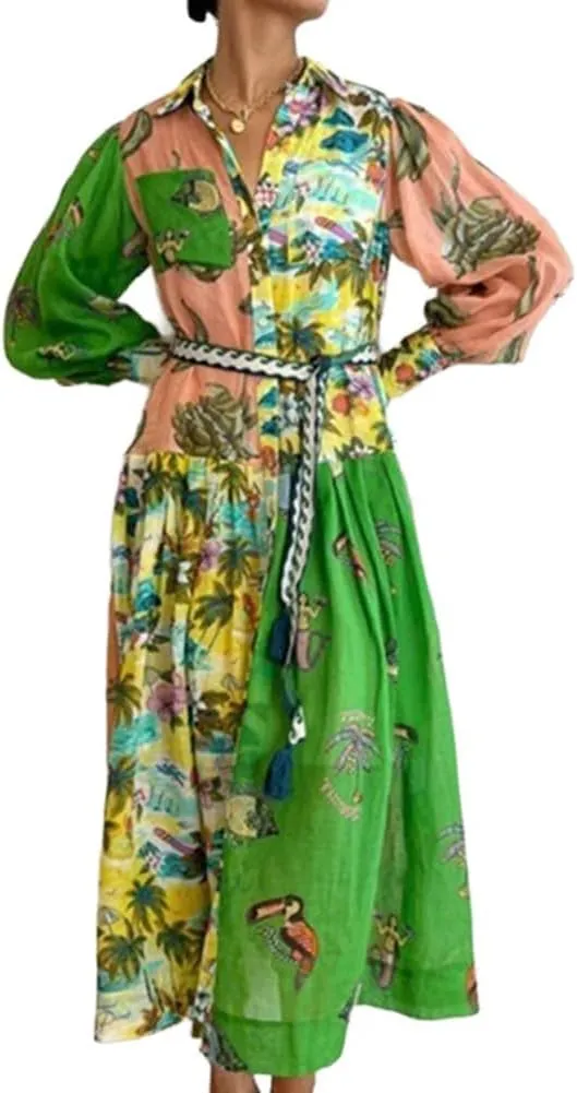 Melliflo Women's Polo Neck Y2K Graffiti Dress Retro French Court Style Pleated Long Sleeve Morana Maxi Dress