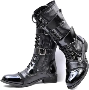 Men High Top Pointed Toe Lacing with Buckle Side Zipper Cowboy Knight Riding Boots PU Leather Cos Stage Performance Outdoor Lace-up Punk Retro Rock Military Camping Climbing Motorcycle Waterproof