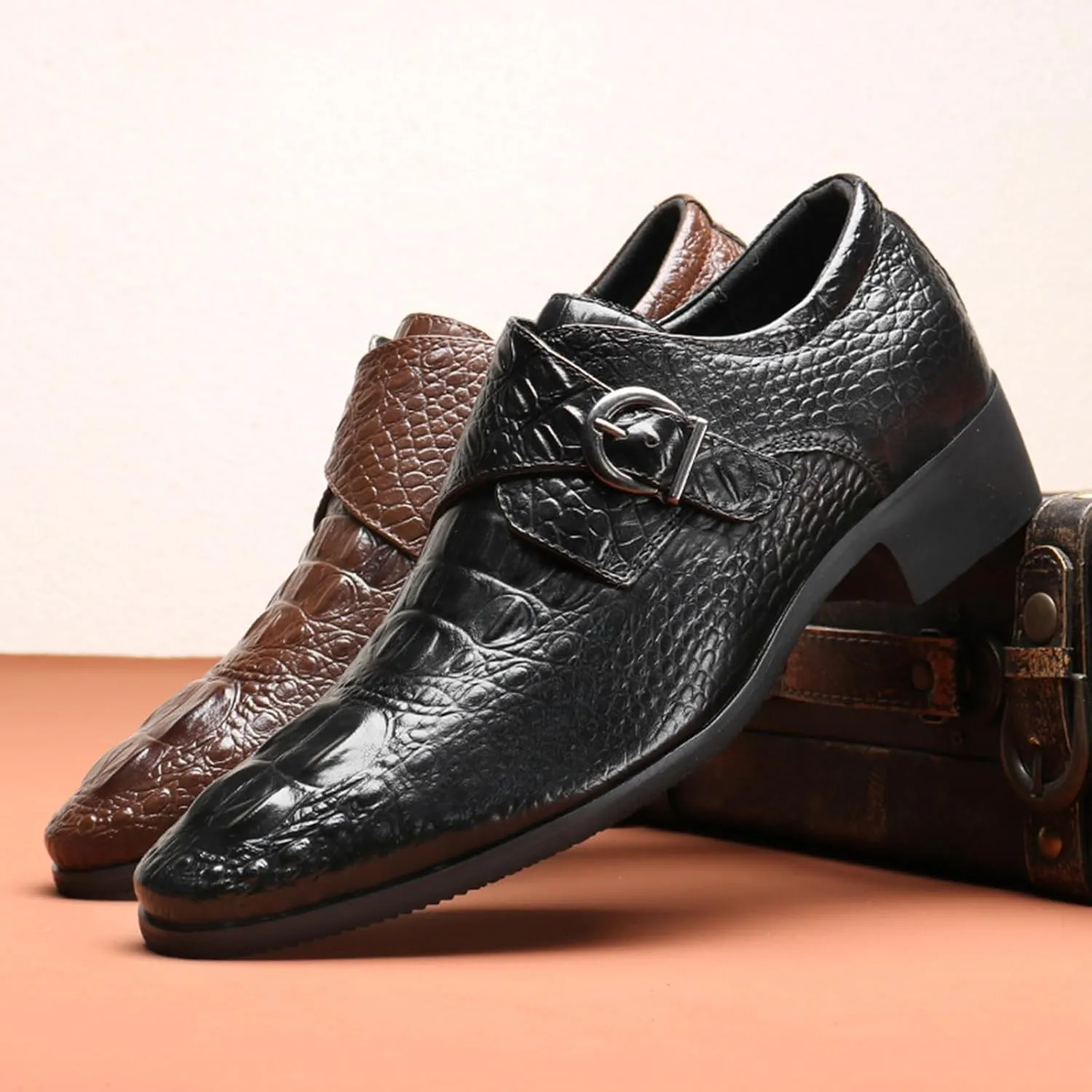 Mens Casual Classic Crocodile Texture Loafer with Buckle Penny Slip-On Wedding Party Prom Shoes