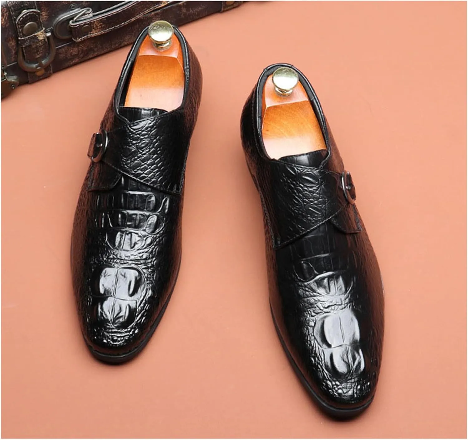 Mens Casual Classic Crocodile Texture Loafer with Buckle Penny Slip-On Wedding Party Prom Shoes