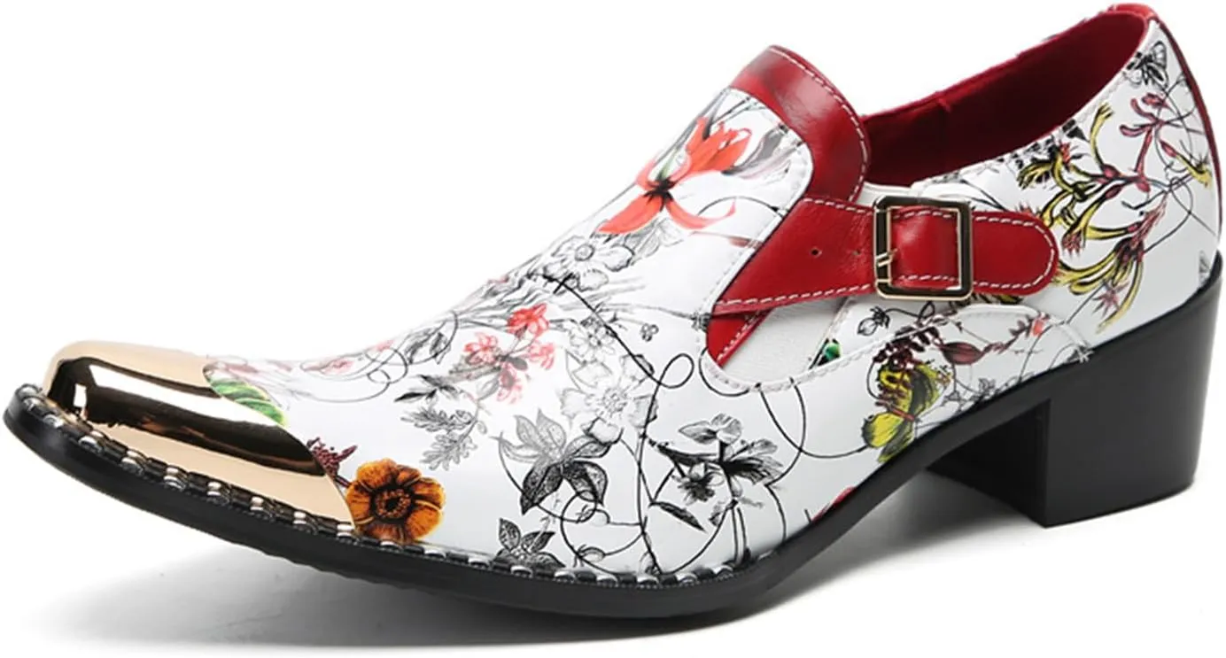 Mens Dress Shoes, 6cm Buckle Printing Increase Cowhide Thick Heels Loafers Plus Size High Heels Slip on Casual Business Low Top, Breathable Suit Shoes
