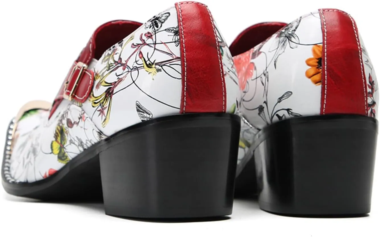 Mens Dress Shoes, 6cm Buckle Printing Increase Cowhide Thick Heels Loafers Plus Size High Heels Slip on Casual Business Low Top, Breathable Suit Shoes