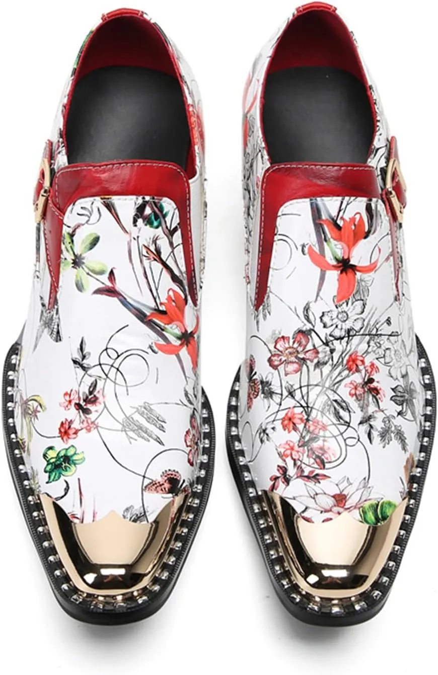 Mens Dress Shoes, 6cm Buckle Printing Increase Cowhide Thick Heels Loafers Plus Size High Heels Slip on Casual Business Low Top, Breathable Suit Shoes