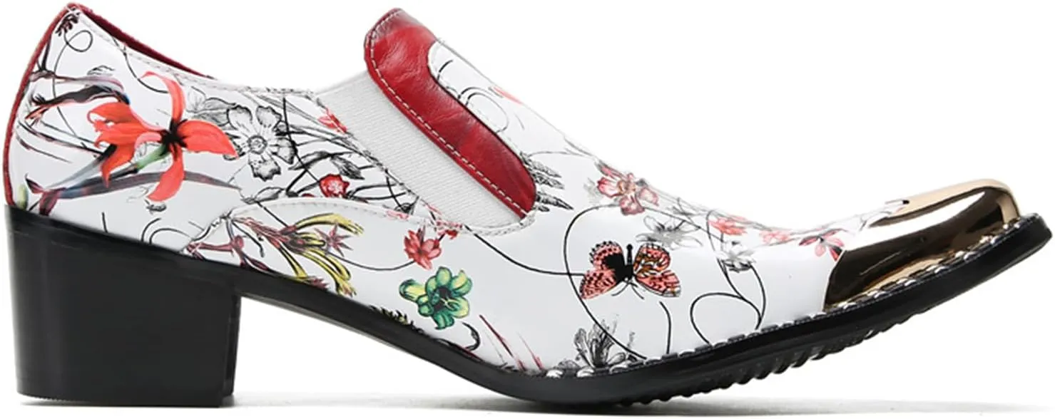 Mens Dress Shoes, 6cm Buckle Printing Increase Cowhide Thick Heels Loafers Plus Size High Heels Slip on Casual Business Low Top, Breathable Suit Shoes