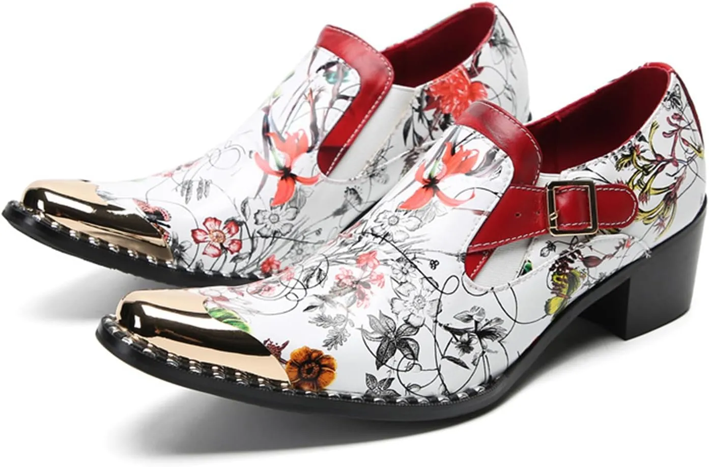 Mens Dress Shoes, 6cm Buckle Printing Increase Cowhide Thick Heels Loafers Plus Size High Heels Slip on Casual Business Low Top, Breathable Suit Shoes