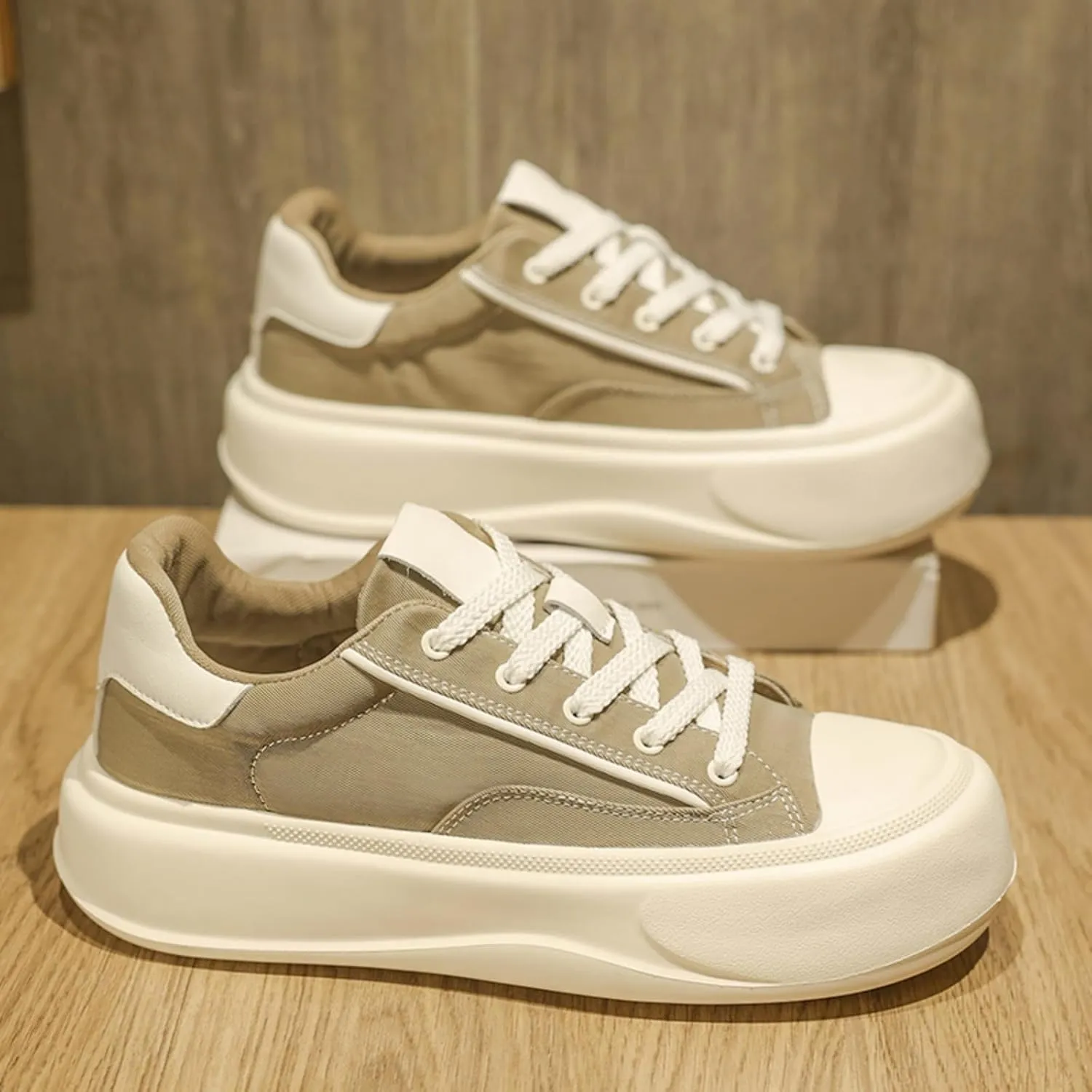 Men's Fashion Low Top Leather Platform Lace-Up Sneakers Retro Non Slip Workout Sport Skate Shoes for Tennis Walking Driving