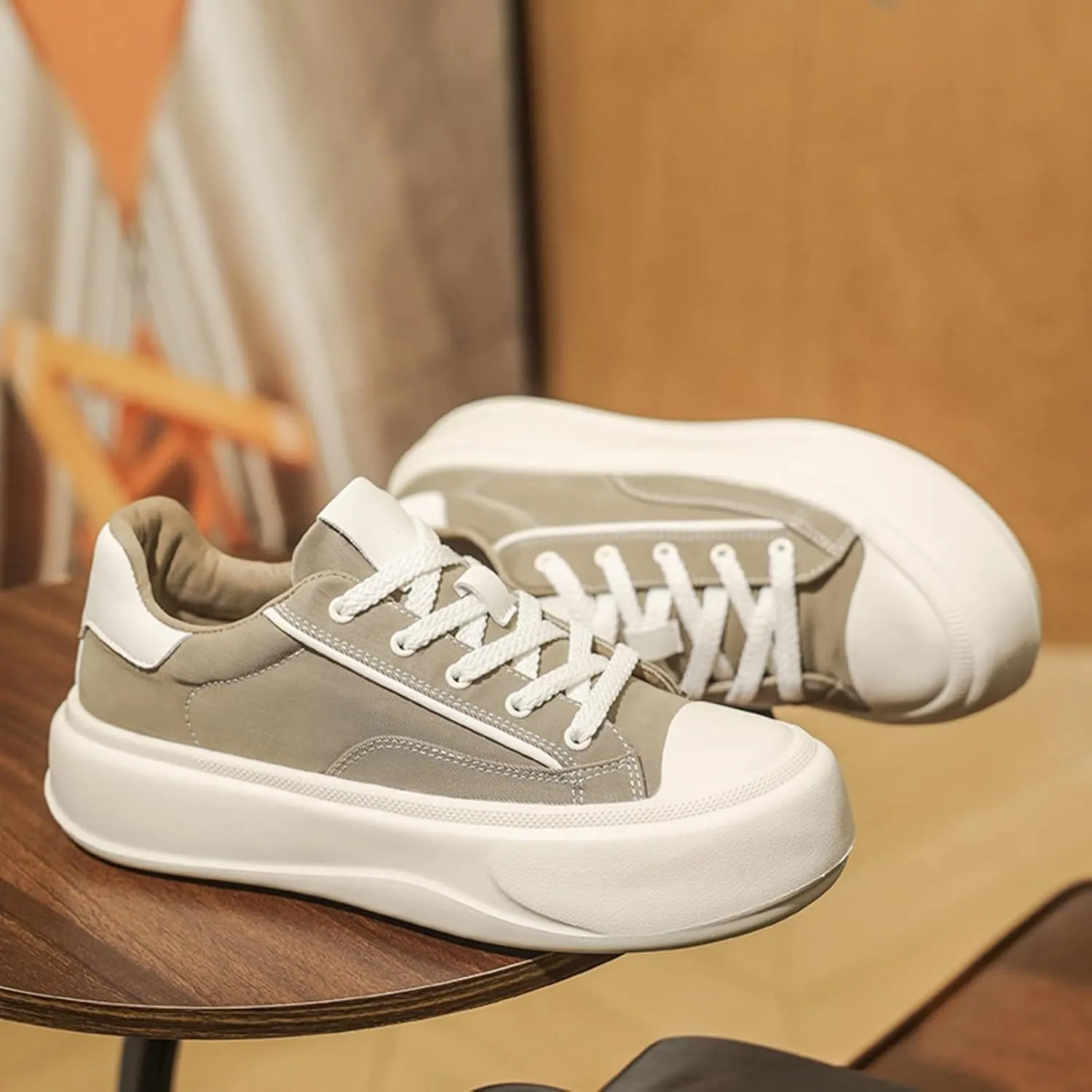Men's Fashion Low Top Leather Platform Lace-Up Sneakers Retro Non Slip Workout Sport Skate Shoes for Tennis Walking Driving