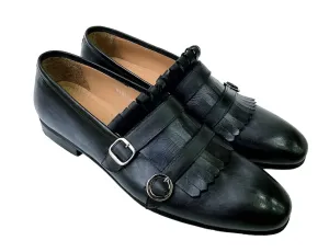 Mens Gray-Black handmade Italian leather luxury Double Buckle Monkstrap Kiltie Loafers (12, Loafers, Black/Grey)