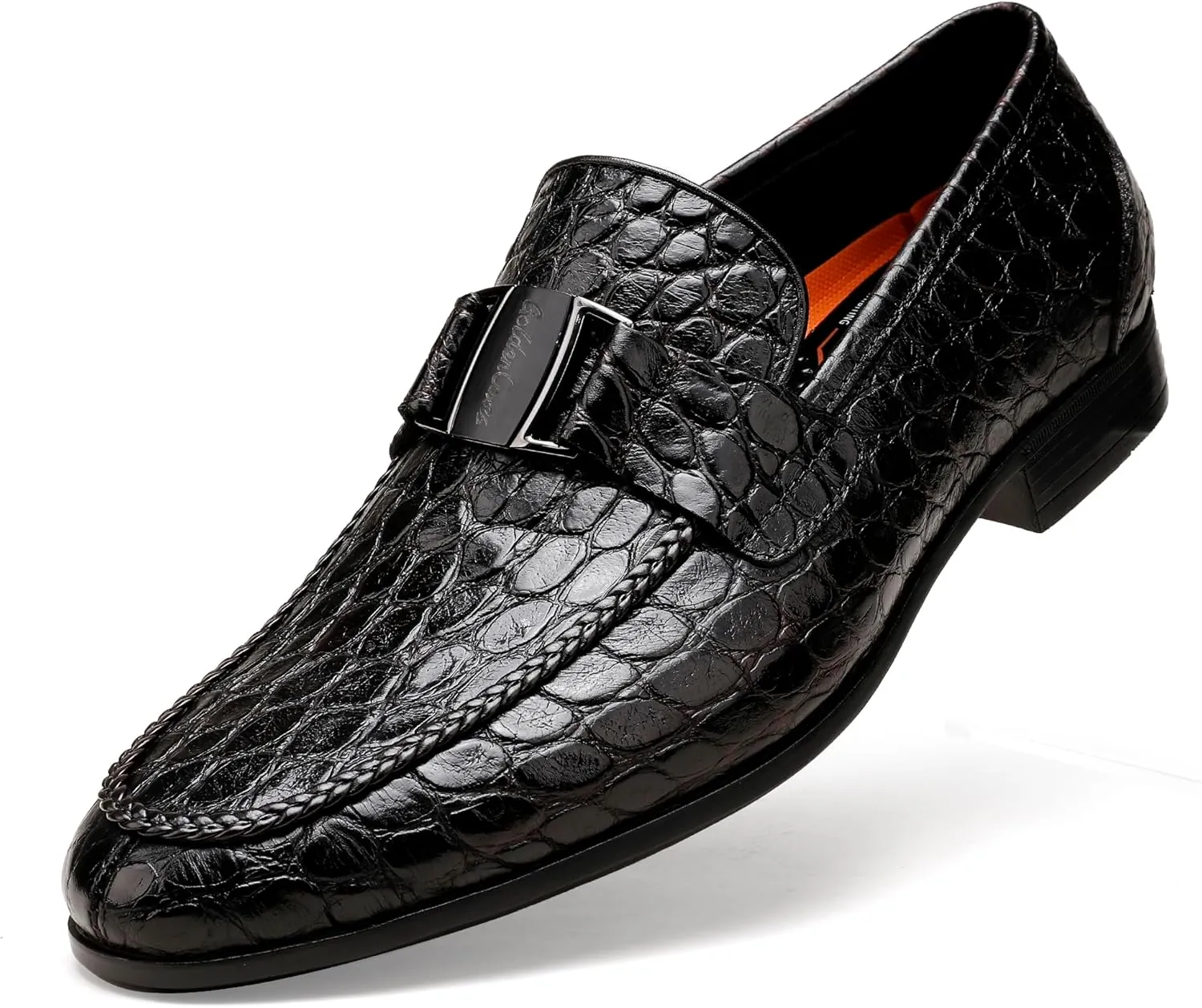 Mens Leather Penny Loafers, Classic Crocodile Printed Business Dress Shoes with Metal Buckle Slip on Penny Shoes for Mens