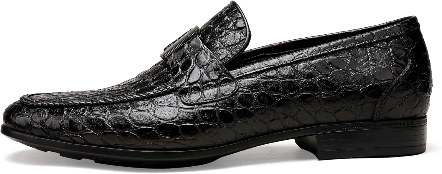 Mens Leather Penny Loafers, Classic Crocodile Printed Business Dress Shoes with Metal Buckle Slip on Penny Shoes for Mens