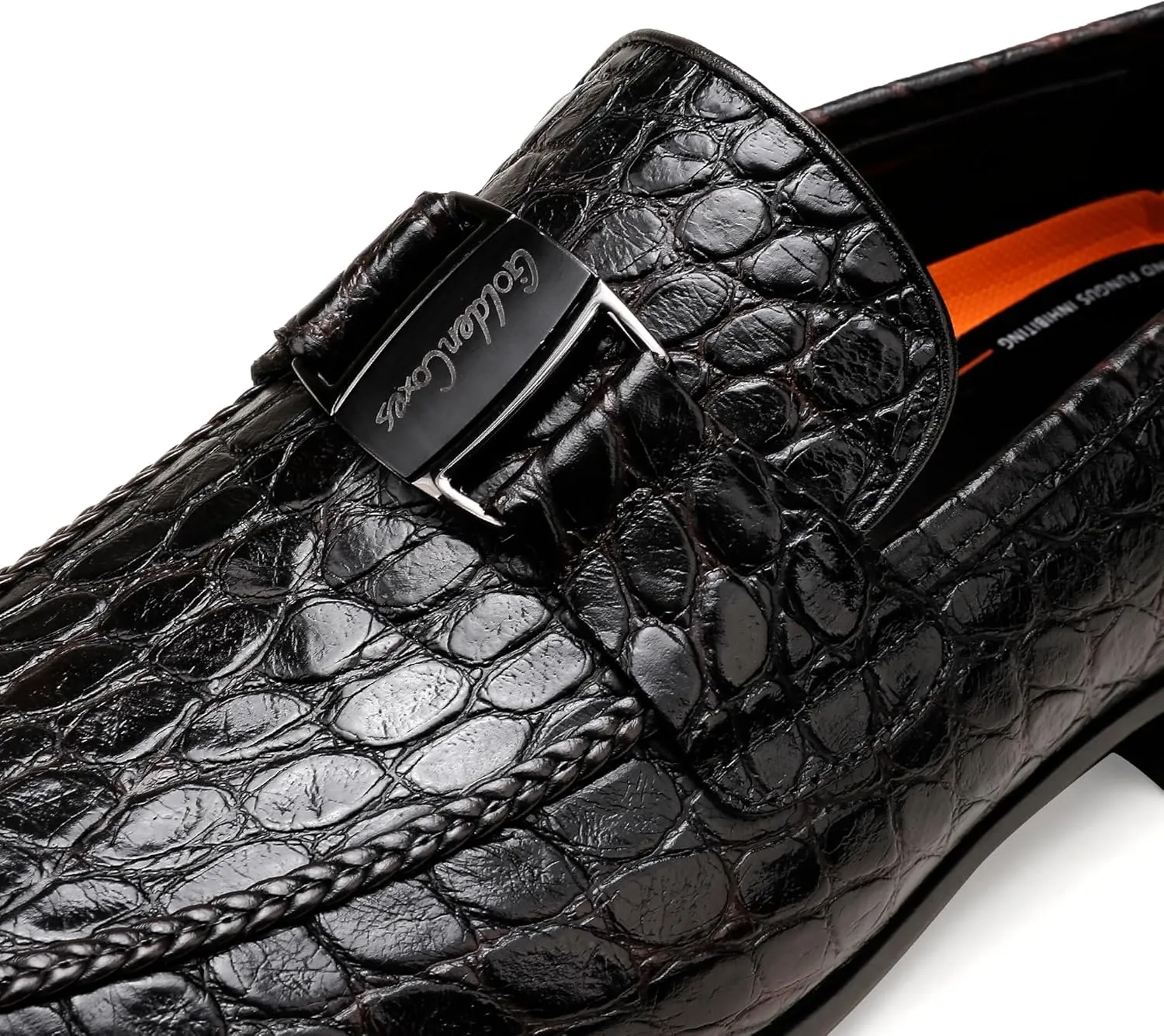Mens Leather Penny Loafers, Classic Crocodile Printed Business Dress Shoes with Metal Buckle Slip on Penny Shoes for Mens