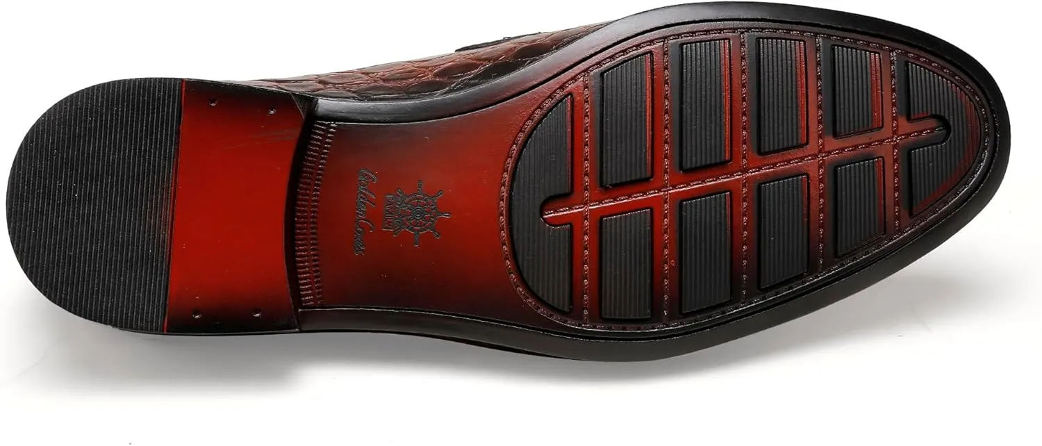 Mens Leather Penny Loafers, Classic Crocodile Printed Business Dress Shoes with Metal Buckle Slip on Penny Shoes for Mens