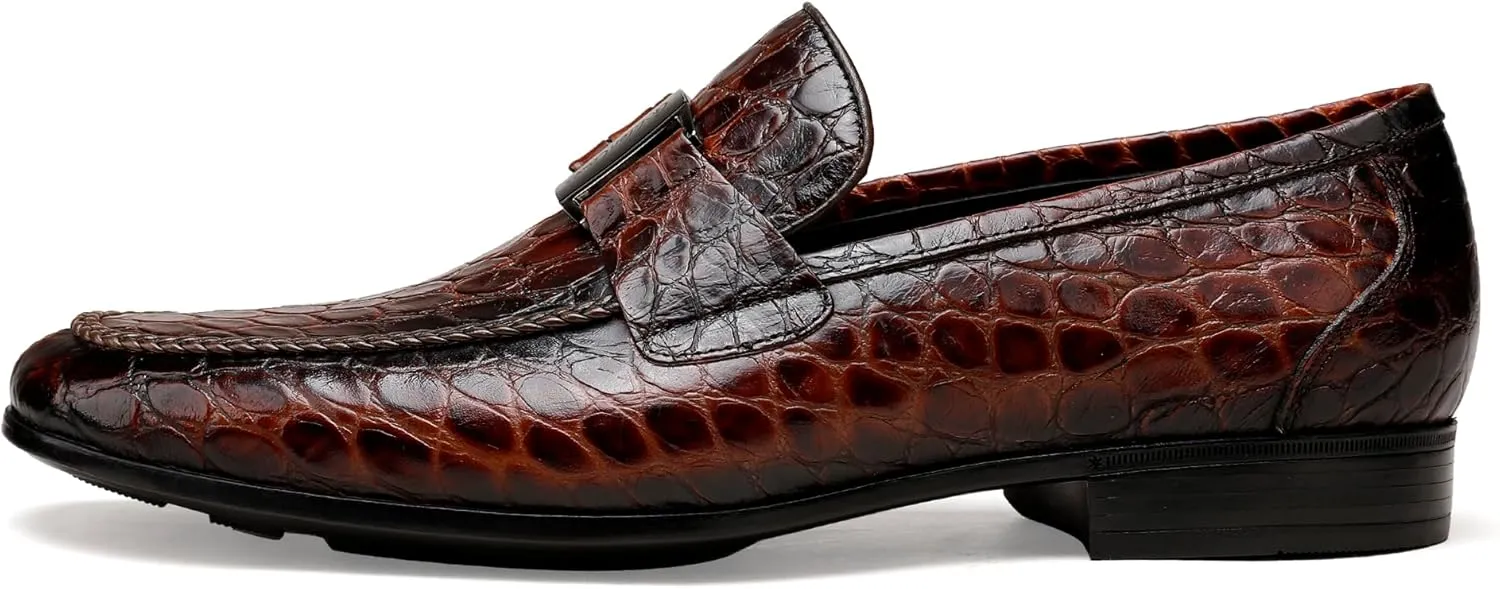Mens Leather Penny Loafers, Classic Crocodile Printed Business Dress Shoes with Metal Buckle Slip on Penny Shoes for Mens