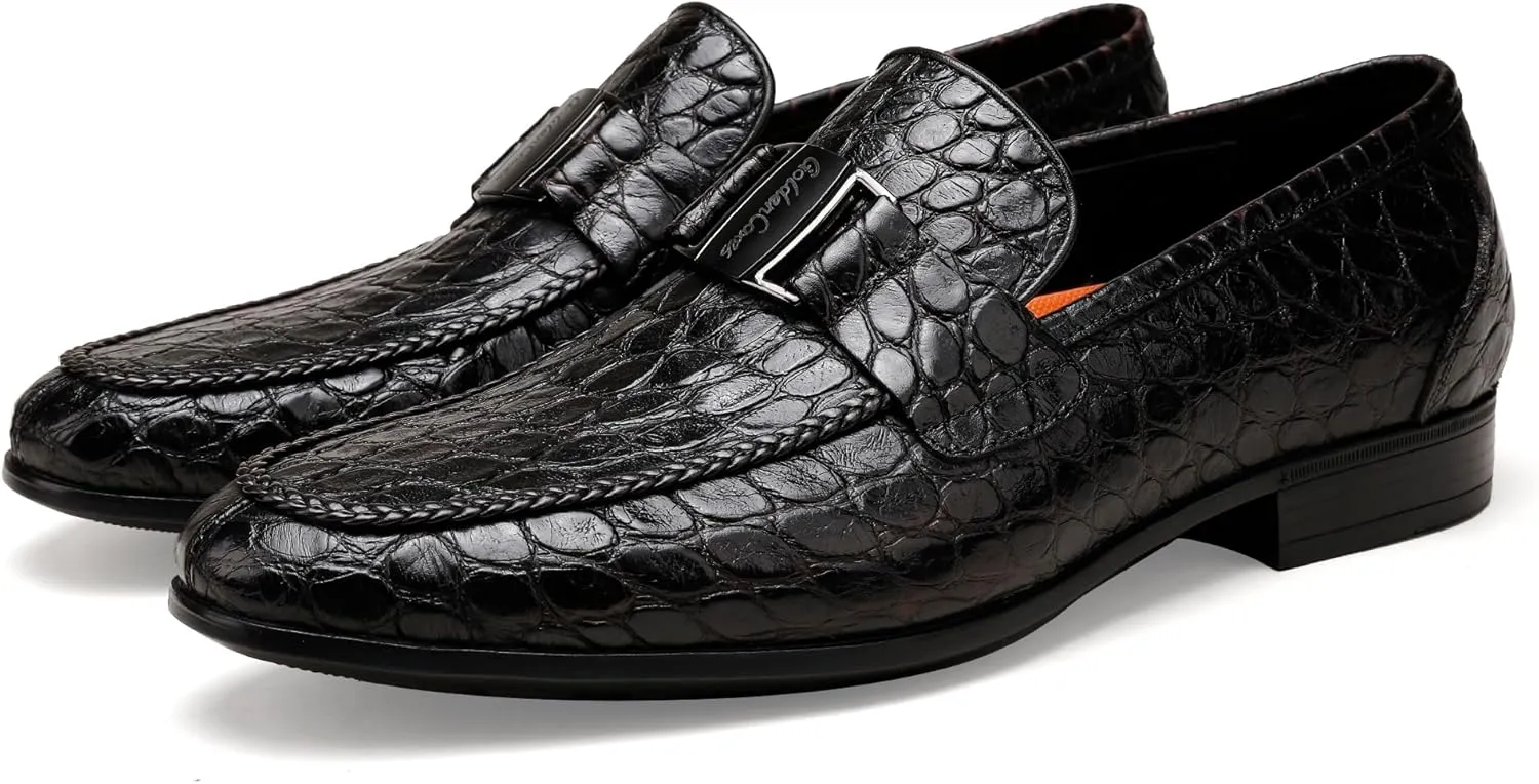 Mens Leather Penny Loafers, Classic Crocodile Printed Business Dress Shoes with Metal Buckle Slip on Penny Shoes for Mens