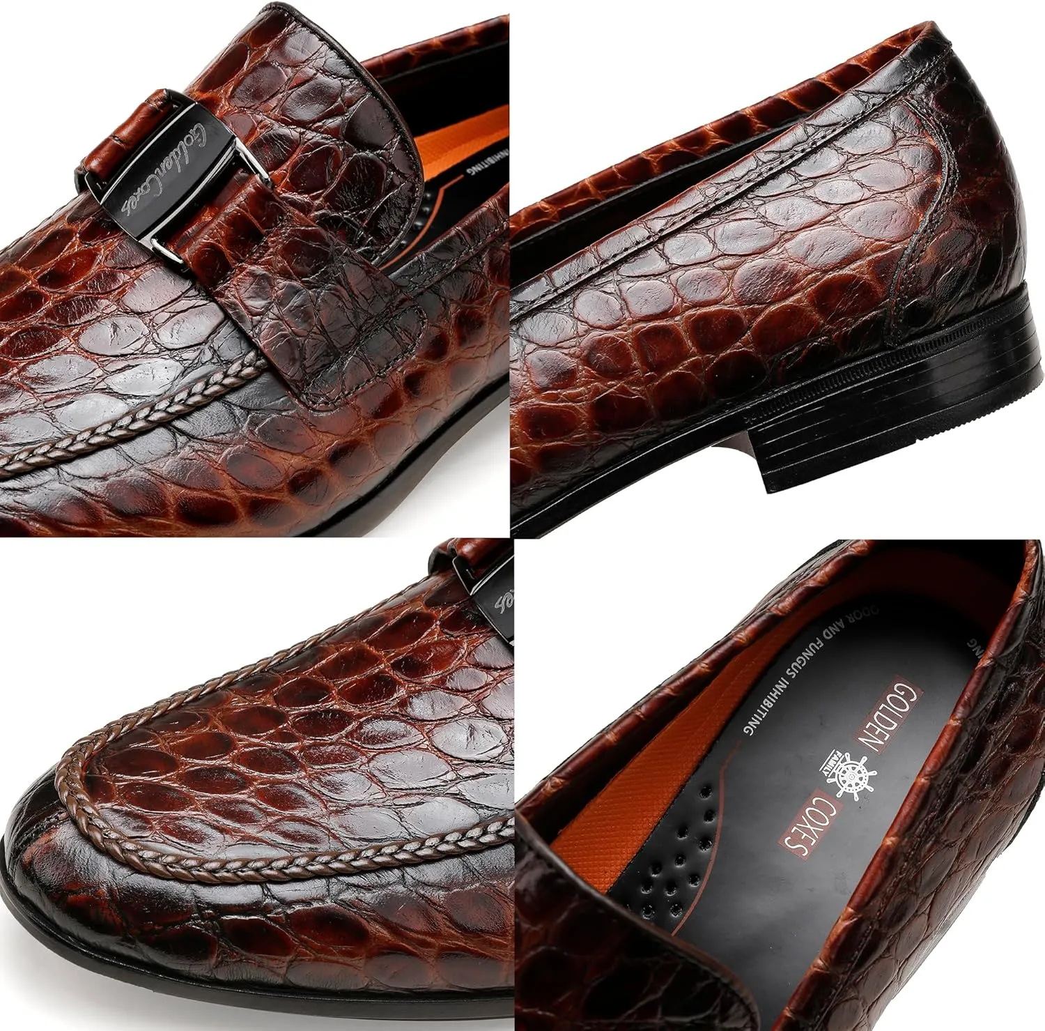 Mens Leather Penny Loafers, Classic Crocodile Printed Business Dress Shoes with Metal Buckle Slip on Penny Shoes for Mens