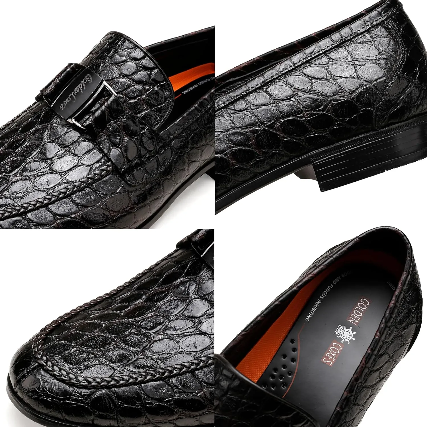 Mens Leather Penny Loafers, Classic Crocodile Printed Business Dress Shoes with Metal Buckle Slip on Penny Shoes for Mens