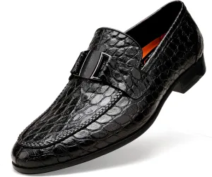 Mens Leather Penny Loafers, Classic Crocodile Printed Business Dress Shoes with Metal Buckle Slip on Penny Shoes for Mens