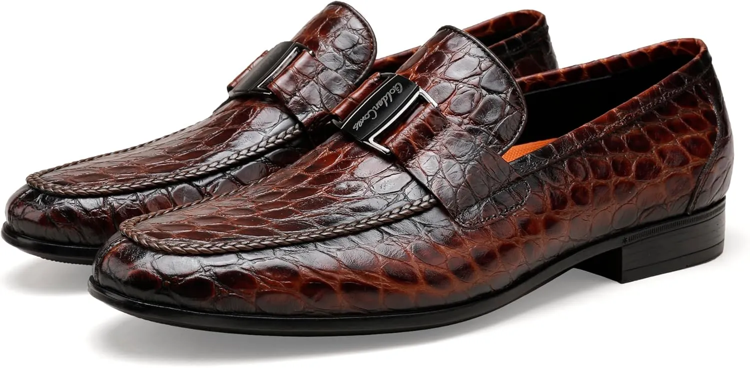 Mens Leather Penny Loafers, Classic Crocodile Printed Business Dress Shoes with Metal Buckle Slip on Penny Shoes for Mens