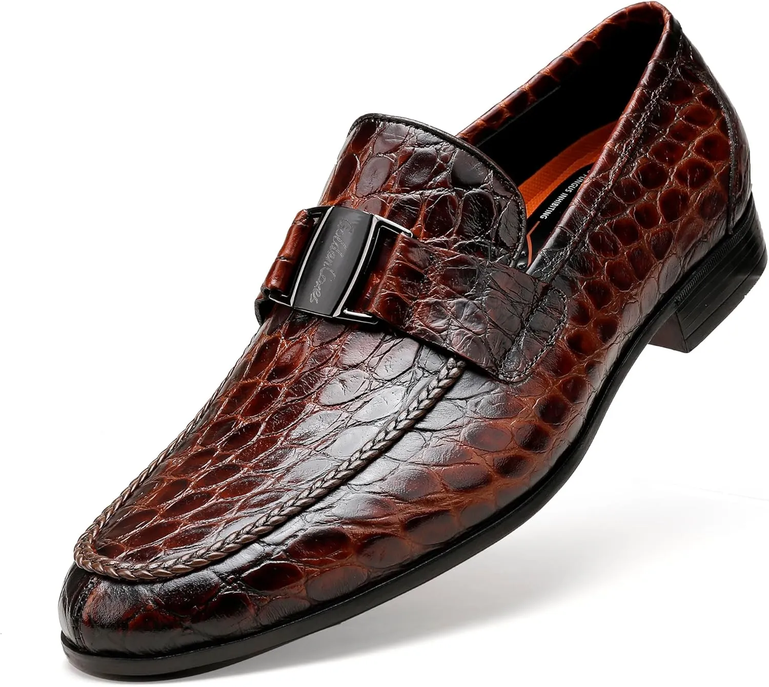 Mens Leather Penny Loafers, Classic Crocodile Printed Business Dress Shoes with Metal Buckle Slip on Penny Shoes for Mens