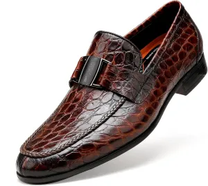 Mens Leather Penny Loafers, Classic Crocodile Printed Business Dress Shoes with Metal Buckle Slip on Penny Shoes for Mens