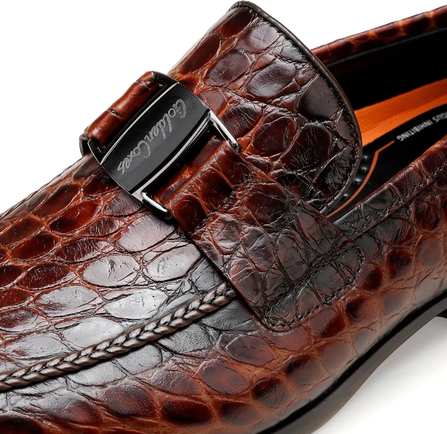 Mens Leather Penny Loafers, Classic Crocodile Printed Business Dress Shoes with Metal Buckle Slip on Penny Shoes for Mens