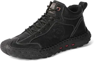 Men's Premium Cow Leather Sneakers, Walking Shoes, Mid Top Casual Shoes for Men,Mesh Lining, Hand Sewn, Comfortable, Soft, Non-Slip, Durable