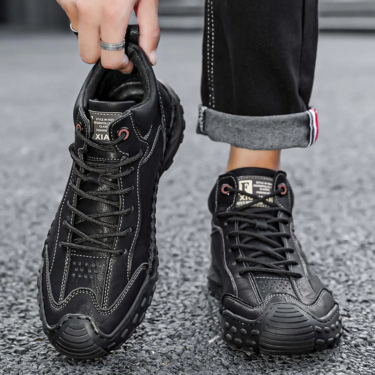 Men's Premium Cow Leather Sneakers, Walking Shoes, Mid Top Casual Shoes for Men,Mesh Lining, Hand Sewn, Comfortable, Soft, Non-Slip, Durable