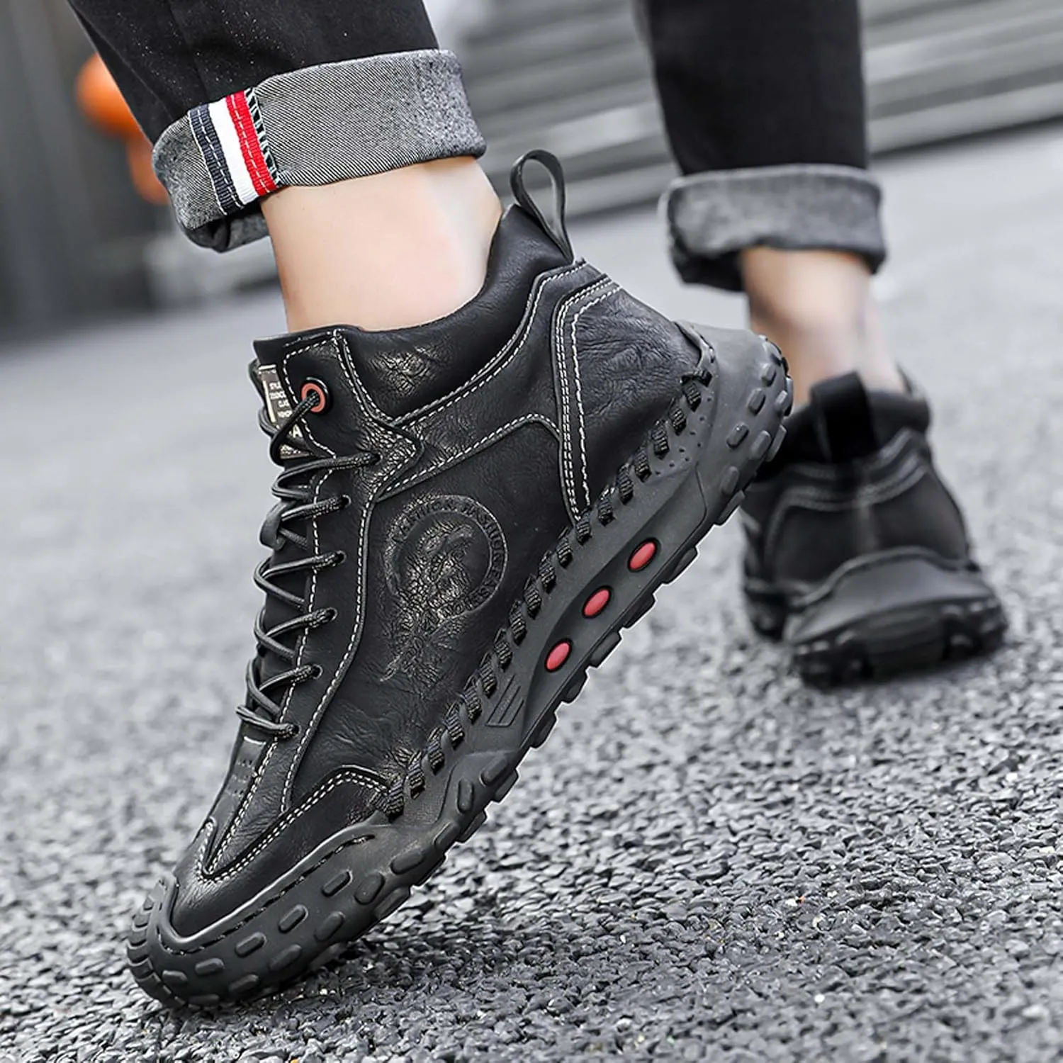 Men's Premium Cow Leather Sneakers, Walking Shoes, Mid Top Casual Shoes for Men,Mesh Lining, Hand Sewn, Comfortable, Soft, Non-Slip, Durable