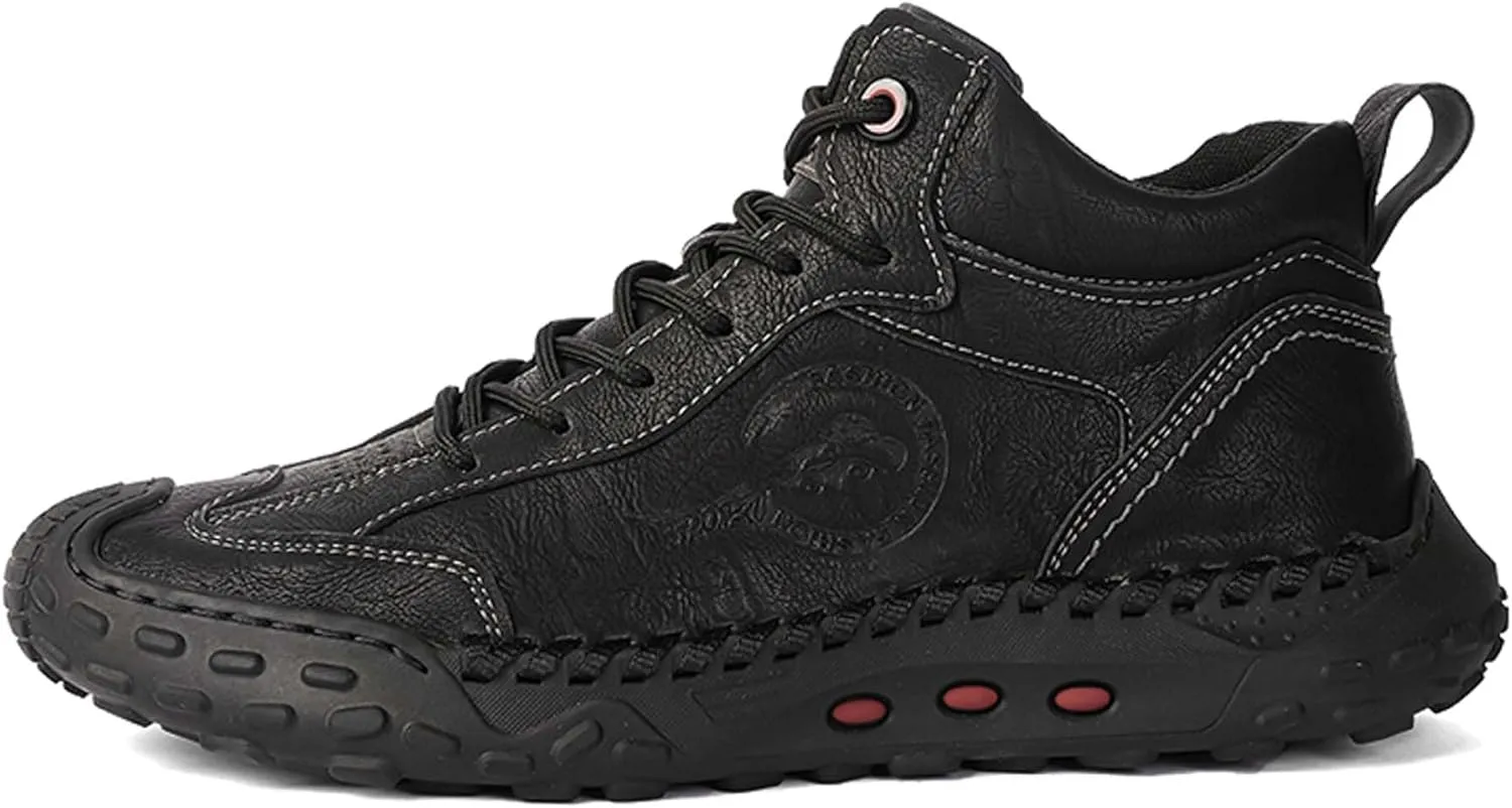 Men's Premium Cow Leather Sneakers, Walking Shoes, Mid Top Casual Shoes for Men,Mesh Lining, Hand Sewn, Comfortable, Soft, Non-Slip, Durable
