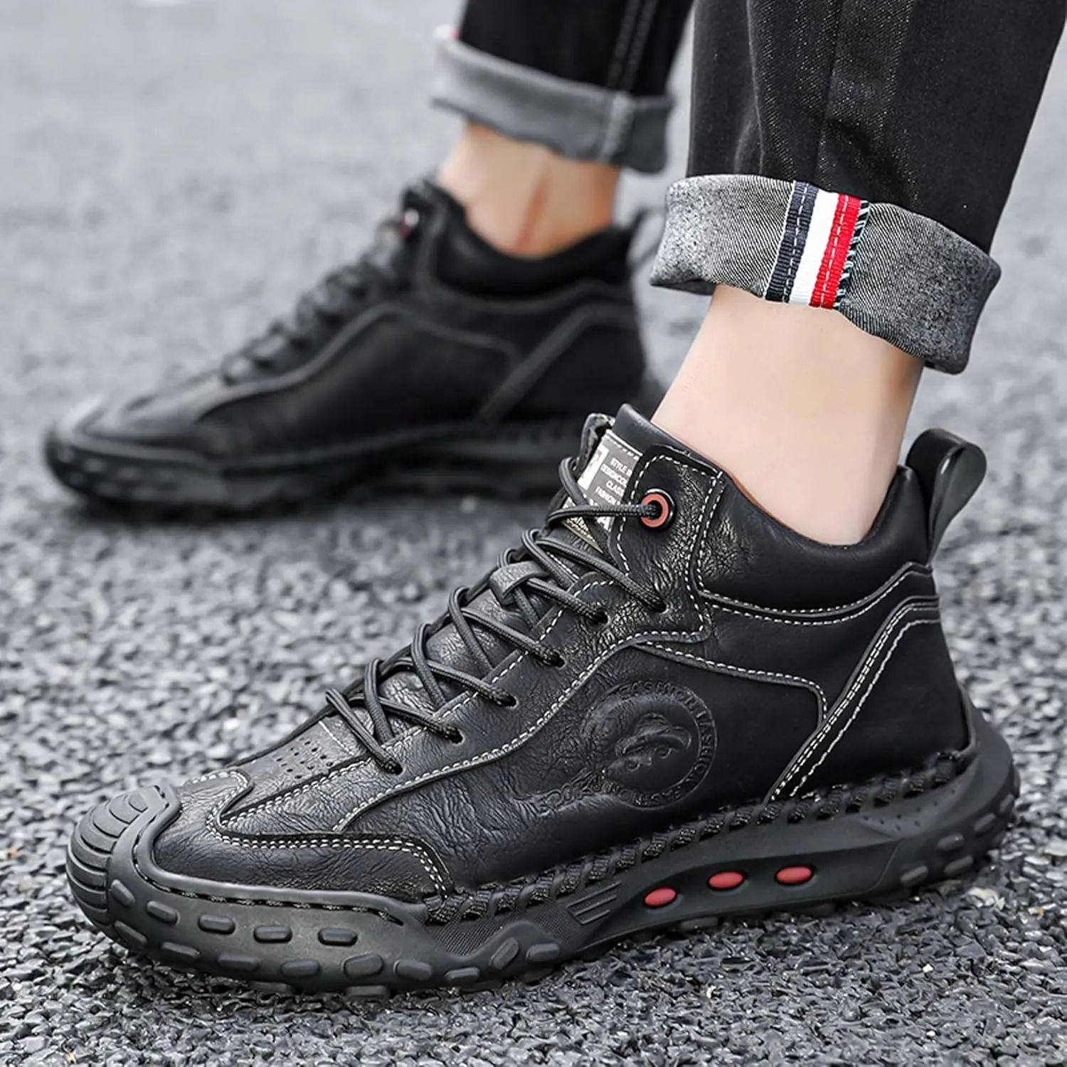 Men's Premium Cow Leather Sneakers, Walking Shoes, Mid Top Casual Shoes for Men,Mesh Lining, Hand Sewn, Comfortable, Soft, Non-Slip, Durable