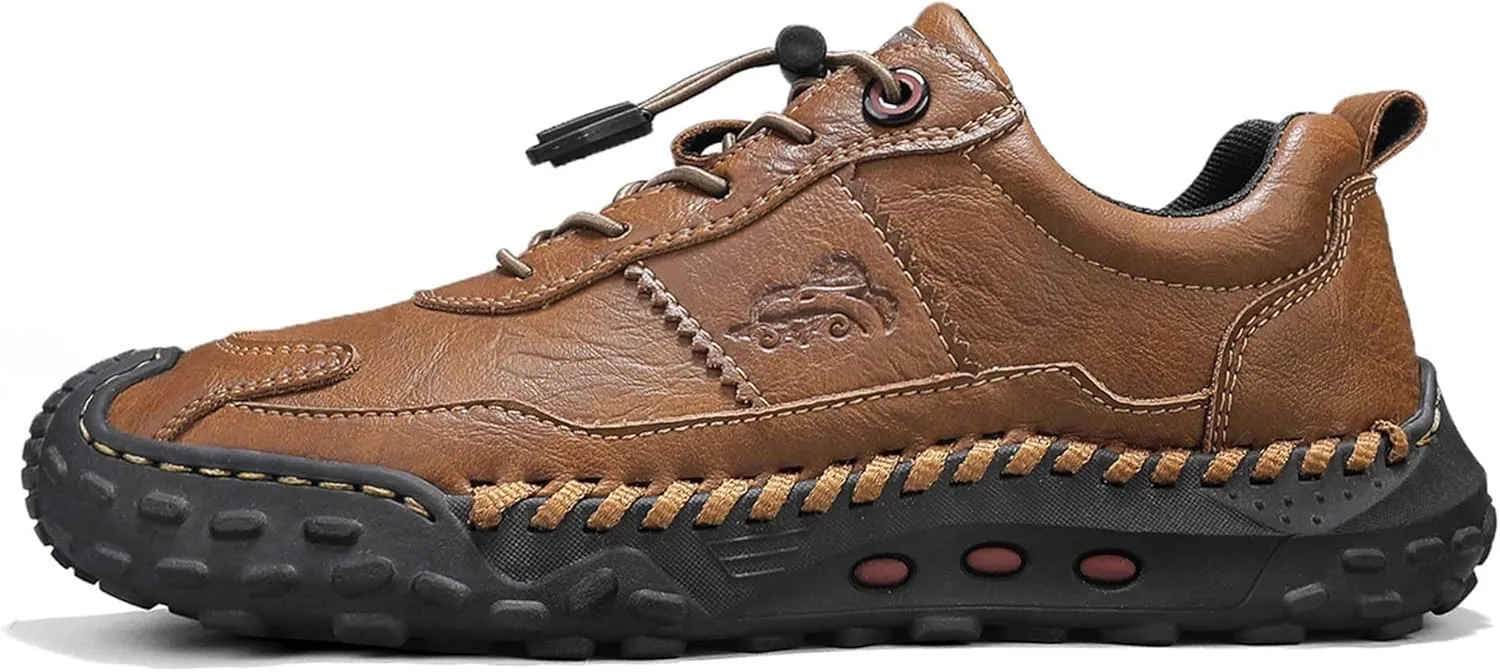 Men's Premium Cowhide Walking Shoes, Easy Lacing, Casual Sneakers, Flat Driving Shoes, Hand Sewn, Mesh Lining, All Seasons.