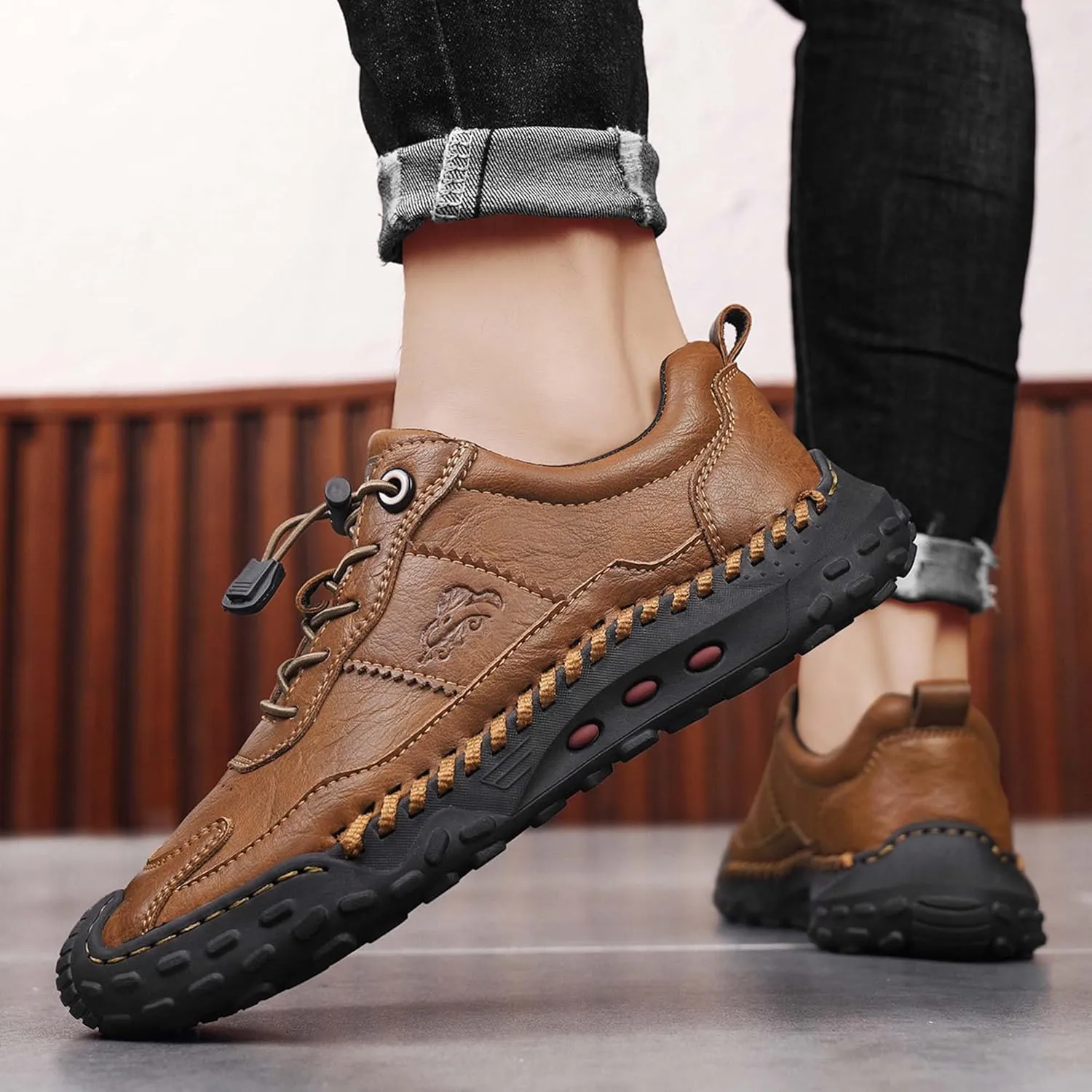 Men's Premium Cowhide Walking Shoes, Easy Lacing, Casual Sneakers, Flat Driving Shoes, Hand Sewn, Mesh Lining, All Seasons.