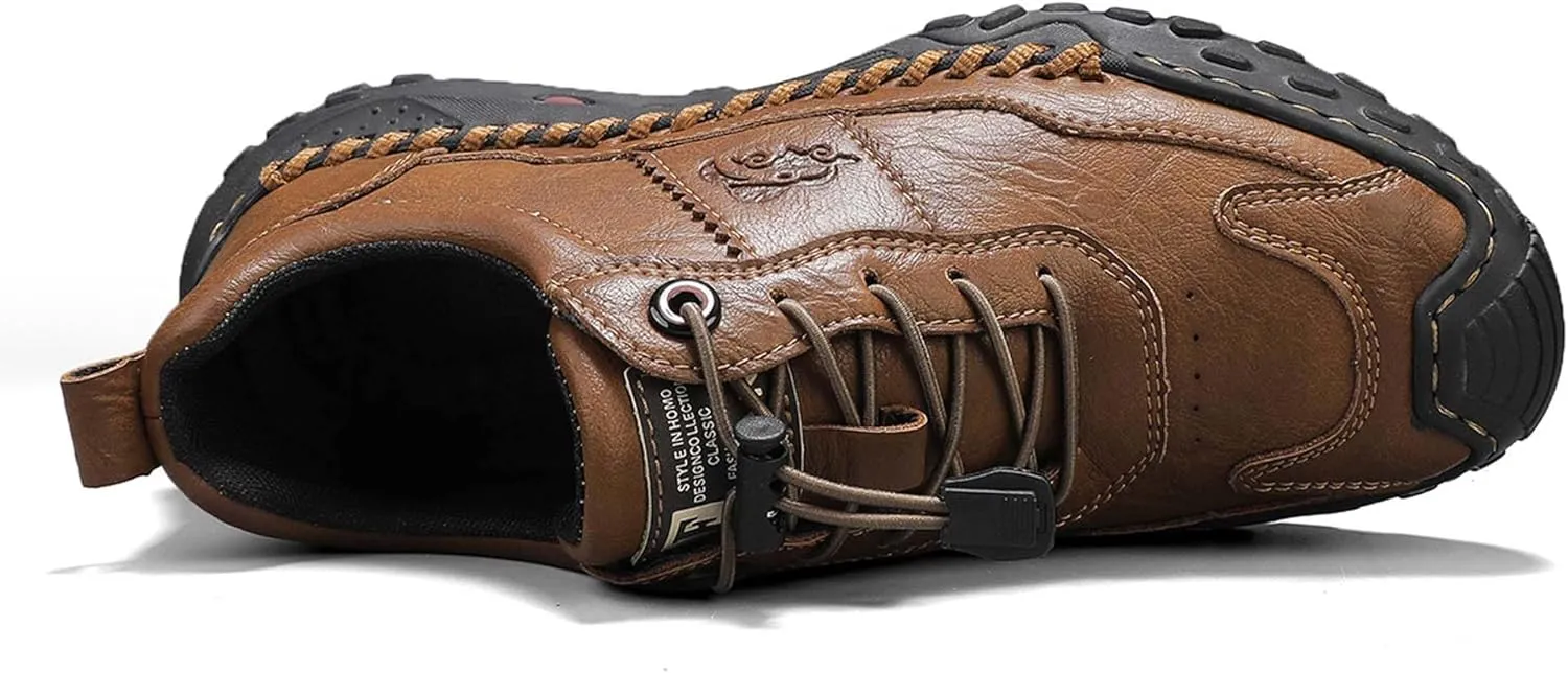 Men's Premium Cowhide Walking Shoes, Easy Lacing, Casual Sneakers, Flat Driving Shoes, Hand Sewn, Mesh Lining, All Seasons.