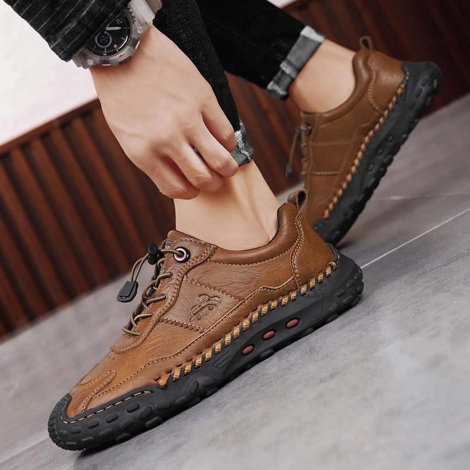 Men's Premium Cowhide Walking Shoes, Easy Lacing, Casual Sneakers, Flat Driving Shoes, Hand Sewn, Mesh Lining, All Seasons.