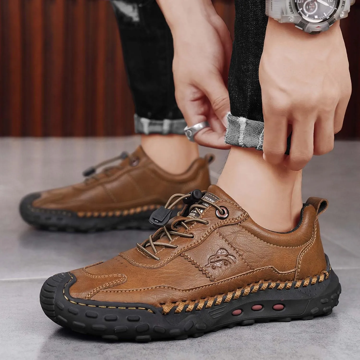 Men's Premium Cowhide Walking Shoes, Easy Lacing, Casual Sneakers, Flat Driving Shoes, Hand Sewn, Mesh Lining, All Seasons.