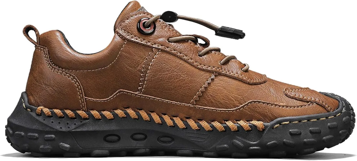 Men's Premium Cowhide Walking Shoes, Easy Lacing, Casual Sneakers, Flat Driving Shoes, Hand Sewn, Mesh Lining, All Seasons.