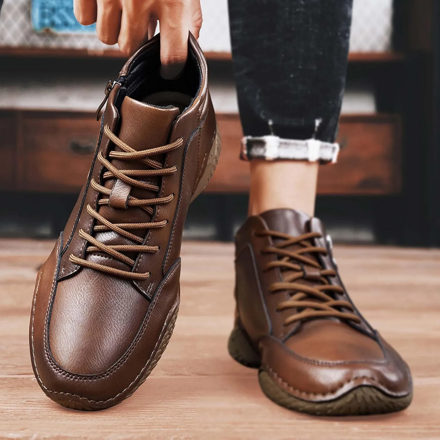 Mens Premium Fashion Cowhide Leather Casual Sneakers,Men's Hiking Shoes,Men's Outdoor Mid-top Casual Shoes,Non-Slip and Wear-Resistant,Suitable for All Seasons