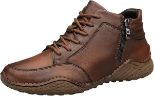 Mens Premium Fashion Cowhide Leather Casual Sneakers,Men's Hiking Shoes,Men's Outdoor Mid-top Casual Shoes,Non-Slip and Wear-Resistant,Suitable for All Seasons